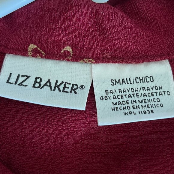 Liz Baker Womens Short Sleeve Button Up Top Sz S Maroon Botanical Island Resort - Picture 7 of 8